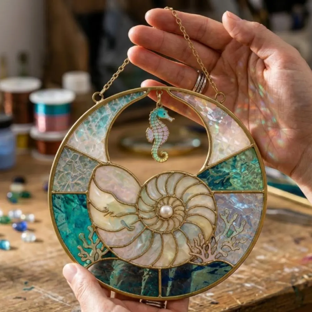 Seahorse and Nautilus Shell Suncatcher, Iridescent Coastal Window Hanging, Stained Glass Style Ocean Decor, Beach House Gift YB1603 - Media 4