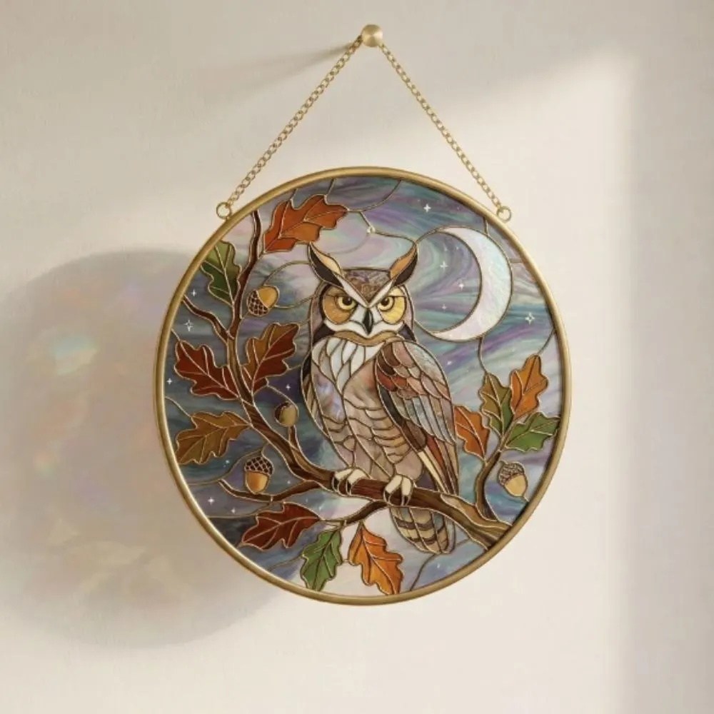 Great Horned Owl Stained Glass Suncatcher, Autumn Oak Leaves and Acorns, Iridescent Moon Window Hanging, Celestial Woodland Decor YB1603