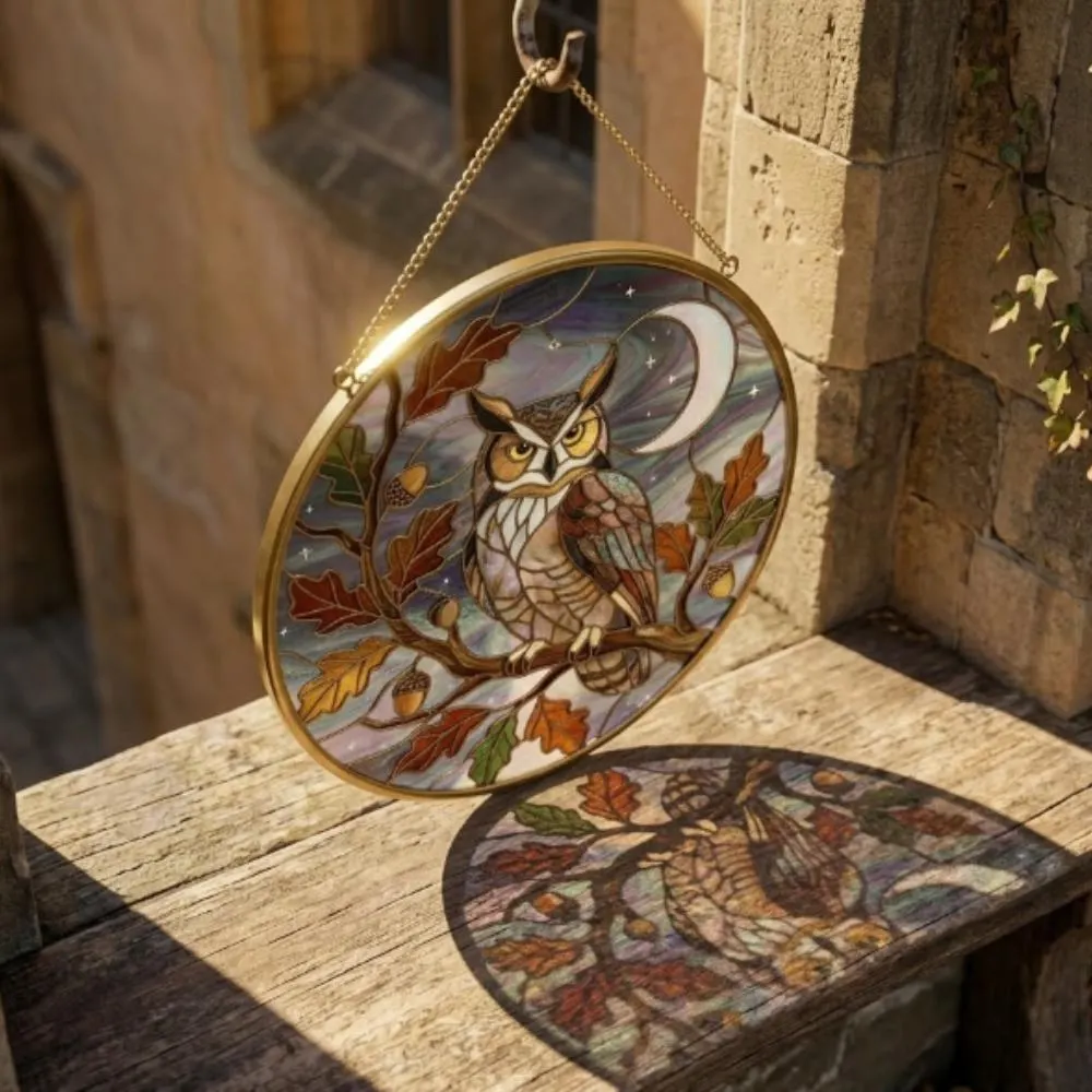 Great Horned Owl Stained Glass Suncatcher, Autumn Oak Leaves and Acorns, Iridescent Moon Window Hanging, Celestial Woodland Decor YB1603 - Media 2