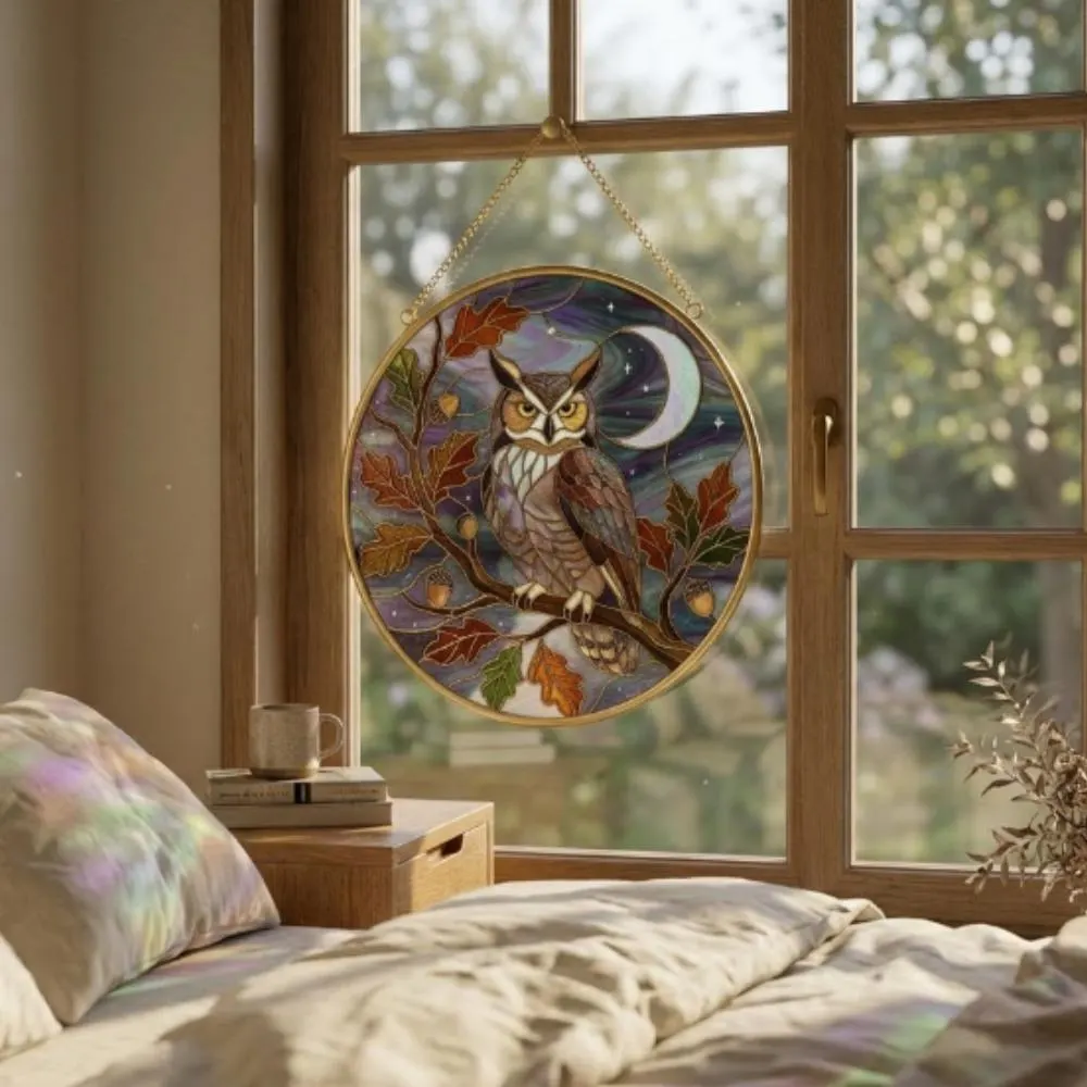 Great Horned Owl Stained Glass Suncatcher, Autumn Oak Leaves and Acorns, Iridescent Moon Window Hanging, Celestial Woodland Decor YB1603 - Media 3