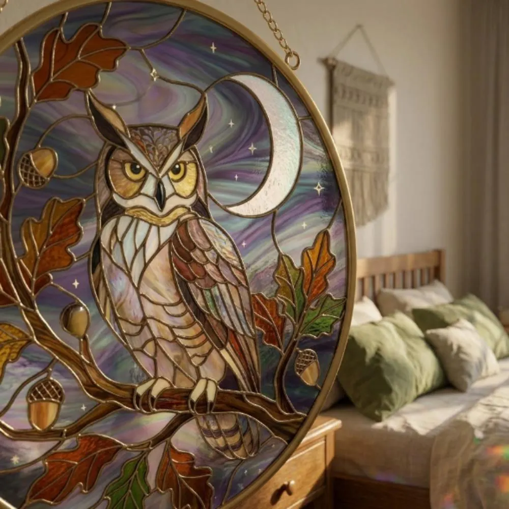 Great Horned Owl Stained Glass Suncatcher, Autumn Oak Leaves and Acorns, Iridescent Moon Window Hanging, Celestial Woodland Decor YB1603 - Media 5