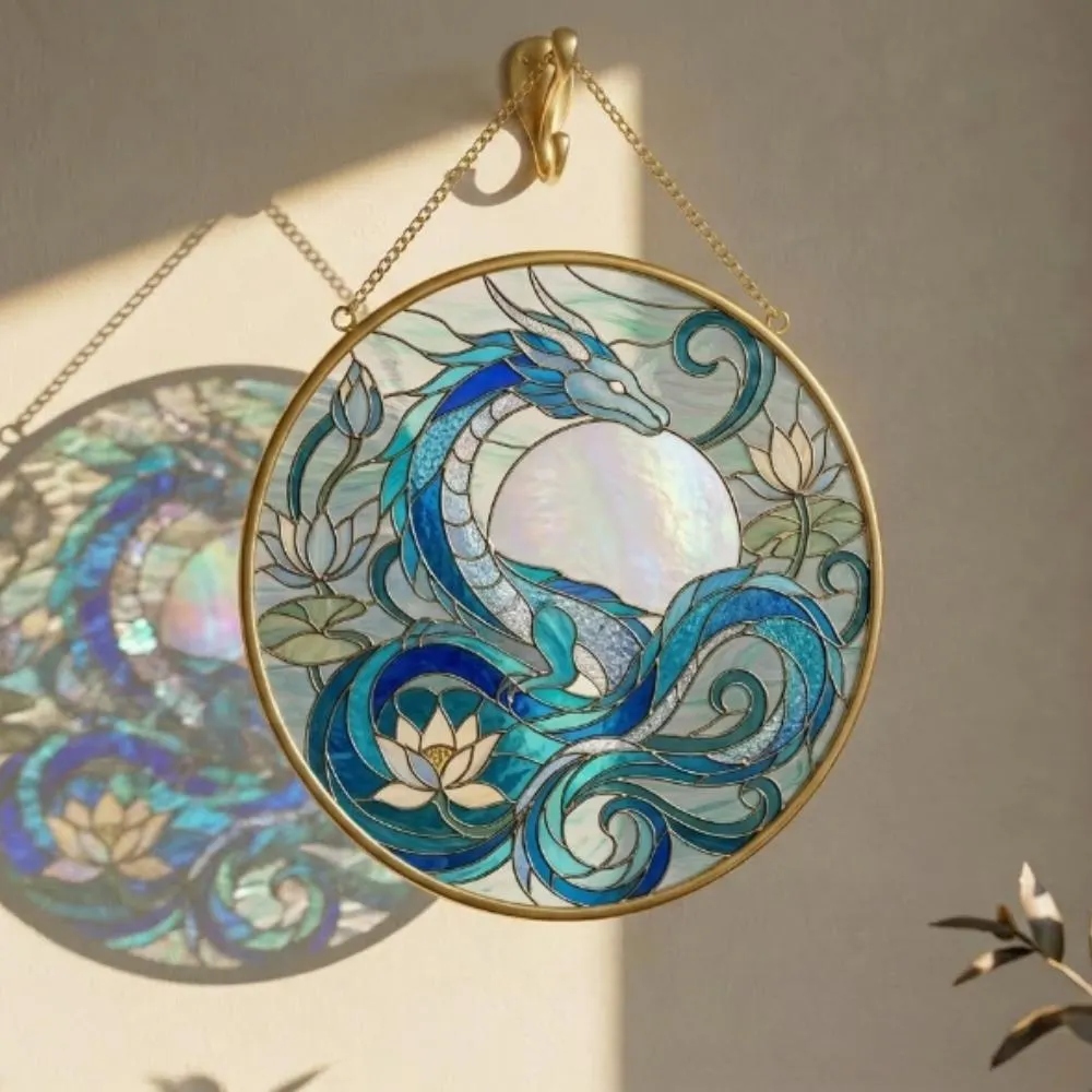Blue Dragon Stained Glass Suncatcher, Iridescent Moon & Lotus Window Hanging, Water Dragon Fantasy Art, Mythical Creature Gift YB1603