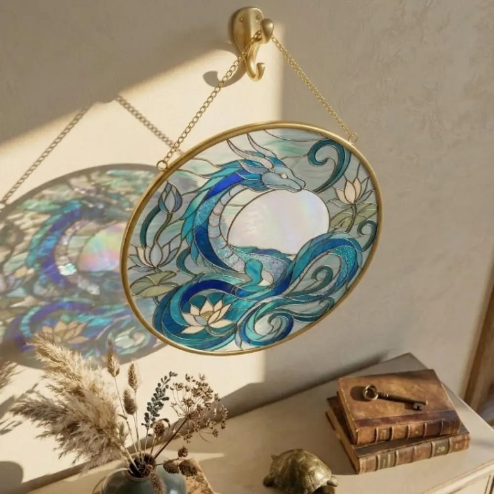 Blue Dragon Stained Glass Suncatcher, Iridescent Moon & Lotus Window Hanging, Water Dragon Fantasy Art, Mythical Creature Gift YB1603 - Media 2