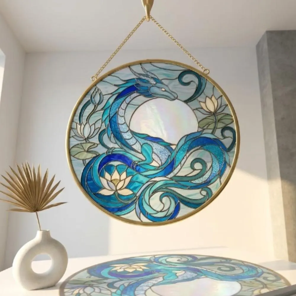 Blue Dragon Stained Glass Suncatcher, Iridescent Moon & Lotus Window Hanging, Water Dragon Fantasy Art, Mythical Creature Gift YB1603 - Media 3