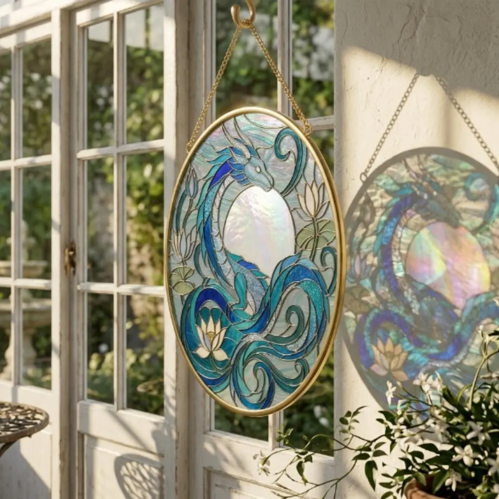 Blue Dragon Stained Glass Suncatcher, Iridescent Moon & Lotus Window Hanging, Water Dragon Fantasy Art, Mythical Creature Gift YB1603 - Media 4