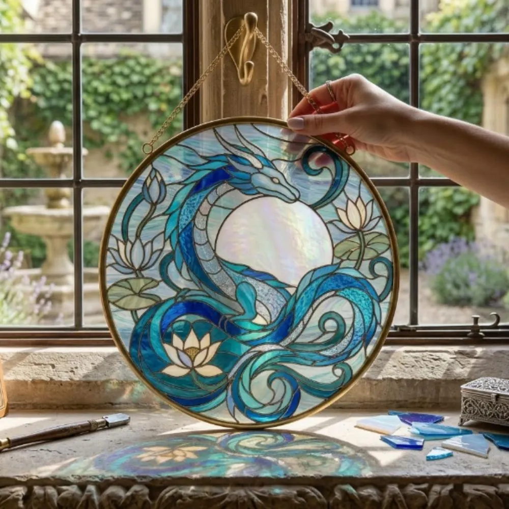 Blue Dragon Stained Glass Suncatcher, Iridescent Moon & Lotus Window Hanging, Water Dragon Fantasy Art, Mythical Creature Gift YB1603 - Media 5