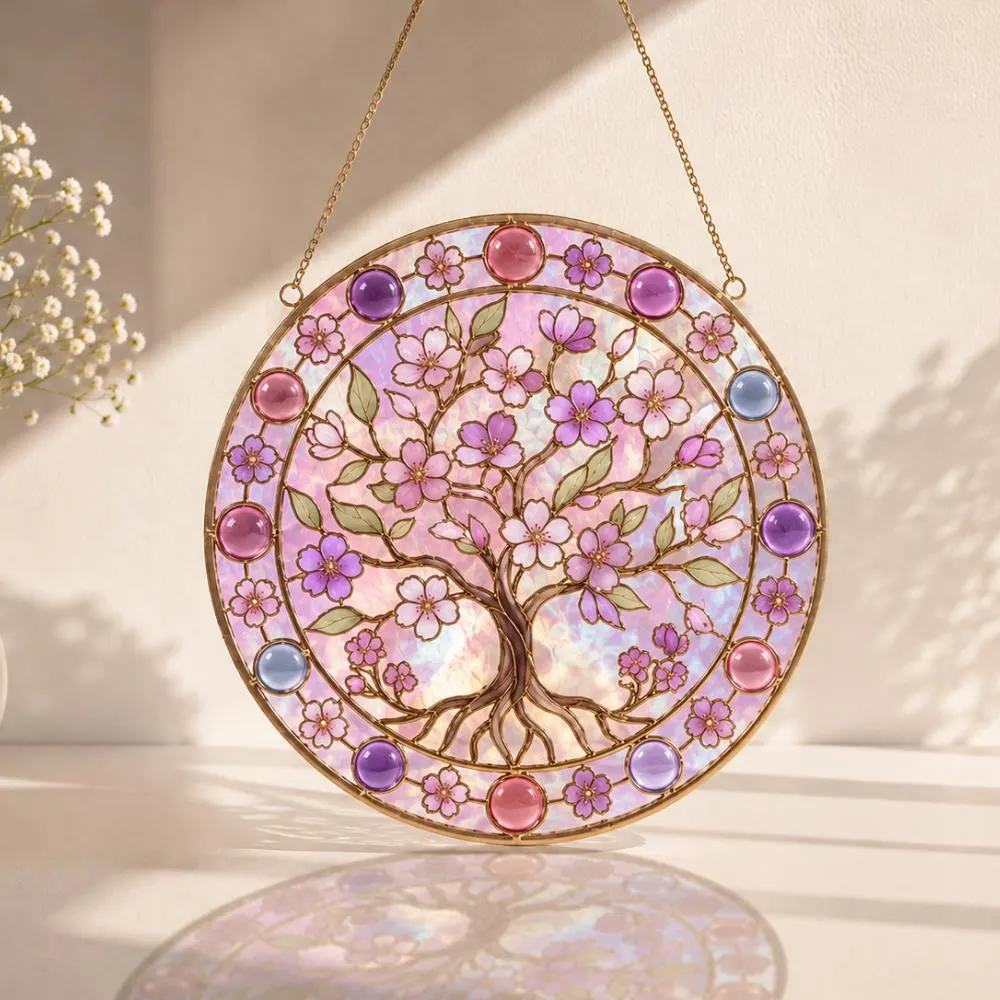 Cherry Blossom Tree of Life Stained Glass Suncatcher, Pink Sakura Window Hanging, Iridescent Floral Art Decor, Motherâs Day Gift YB1603