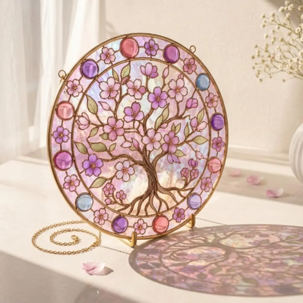 Cherry Blossom Tree of Life Stained Glass Suncatcher, Pink Sakura Window Hanging, Iridescent Floral Art Decor, Motherâs Day Gift YB1603 - Media 2