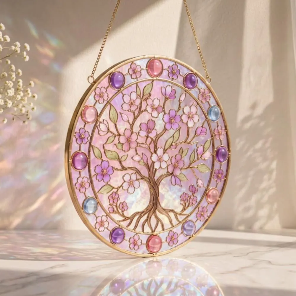 Cherry Blossom Tree of Life Stained Glass Suncatcher, Pink Sakura Window Hanging, Iridescent Floral Art Decor, Motherâs Day Gift YB1603 - Media 3