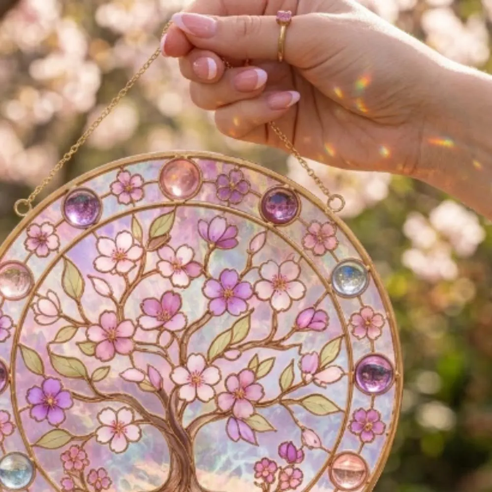 Cherry Blossom Tree of Life Stained Glass Suncatcher, Pink Sakura Window Hanging, Iridescent Floral Art Decor, Motherâs Day Gift YB1603 - Media 4
