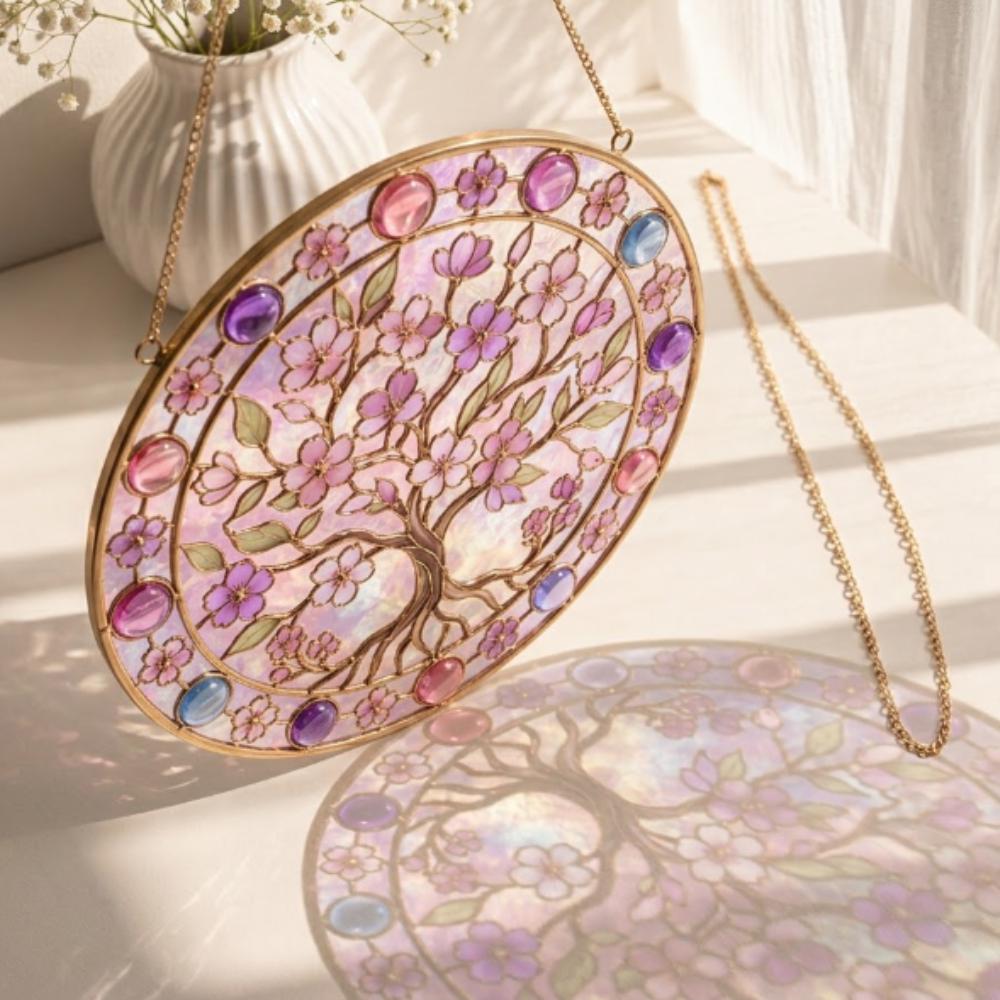 Cherry Blossom Tree of Life Stained Glass Suncatcher, Pink Sakura Window Hanging, Iridescent Floral Art Decor, Motherâs Day Gift YB1603 - Media 5
