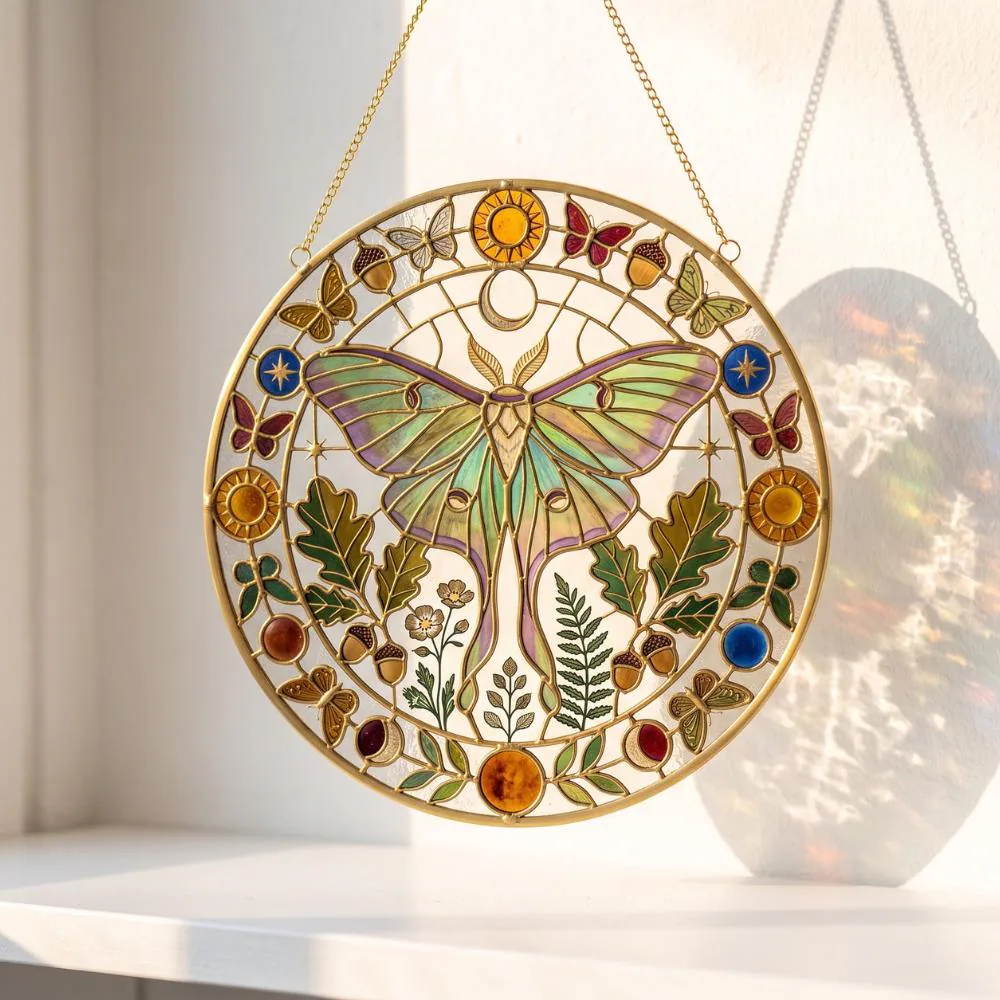 Luna Moth Stained Glass Suncatcher, Celestial Butterfly Window Hanging, Oak Leaf & Acorn Botanical Art, Mystical Nature Gift YB1603