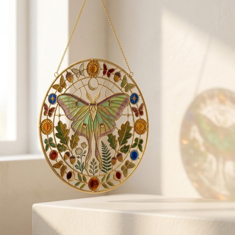 Luna Moth Stained Glass Suncatcher, Celestial Butterfly Window Hanging, Oak Leaf & Acorn Botanical Art, Mystical Nature Gift YB1603 - Media 2