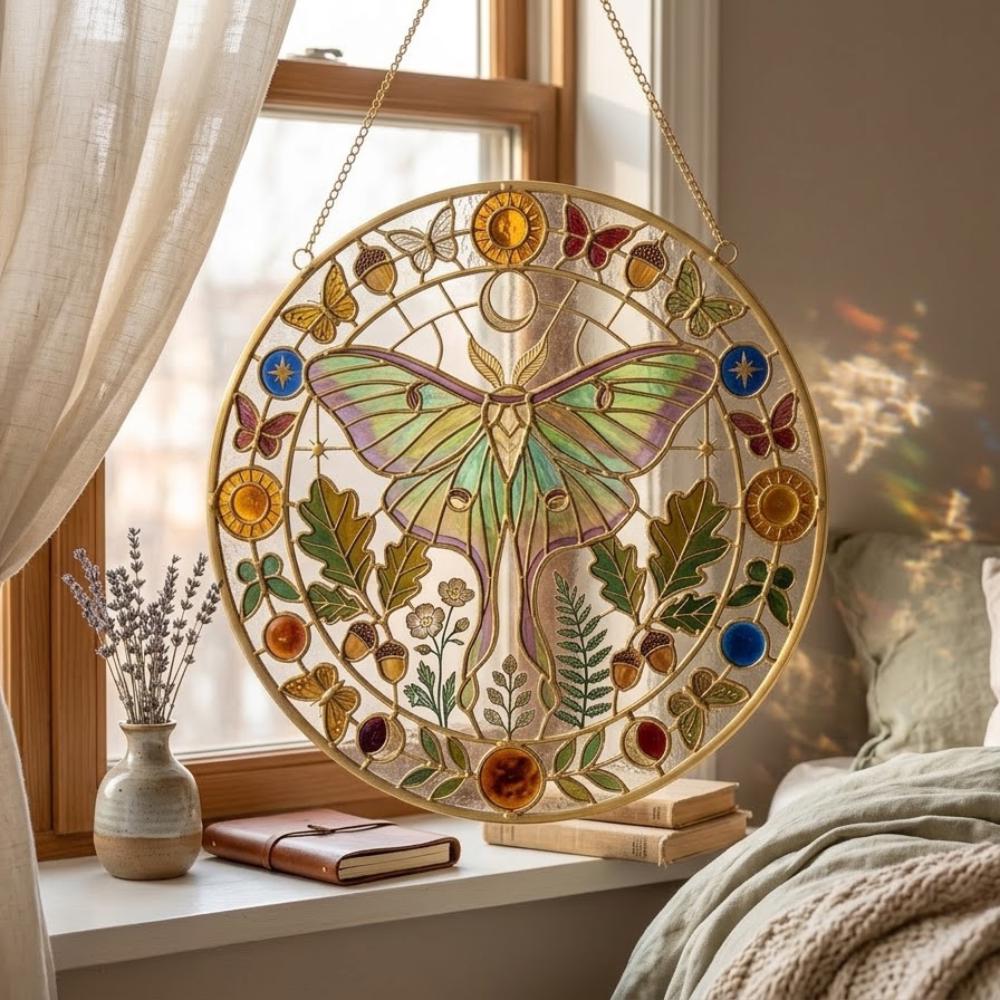 Luna Moth Stained Glass Suncatcher, Celestial Butterfly Window Hanging, Oak Leaf & Acorn Botanical Art, Mystical Nature Gift YB1603 - Media 3