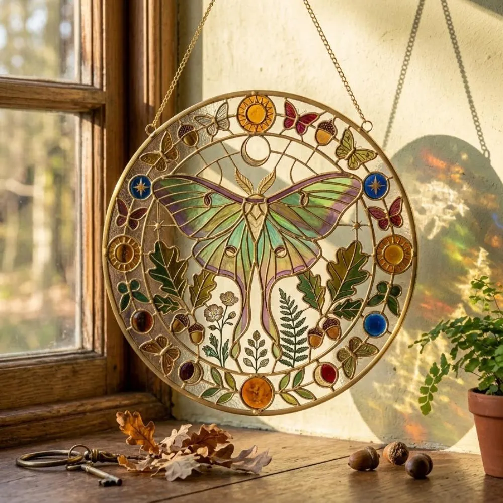 Luna Moth Stained Glass Suncatcher, Celestial Butterfly Window Hanging, Oak Leaf & Acorn Botanical Art, Mystical Nature Gift YB1603 - Media 4