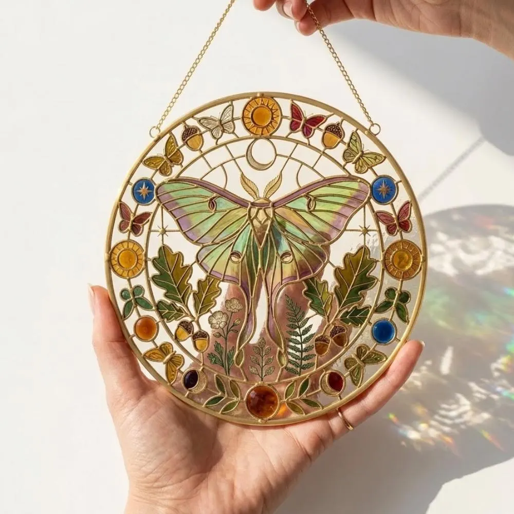 Luna Moth Stained Glass Suncatcher, Celestial Butterfly Window Hanging, Oak Leaf & Acorn Botanical Art, Mystical Nature Gift YB1603 - Media 5
