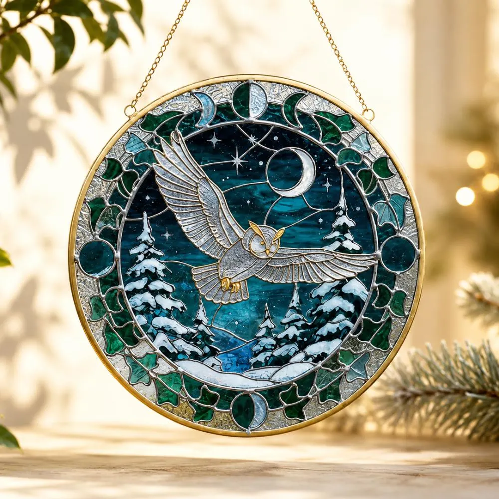 Snowy Owl Stained Glass Suncatcher, Winter Forest & Moon Phases Window Hanging, Celestial Bird Art, Christmas Gift for Owl Lovers YB1603