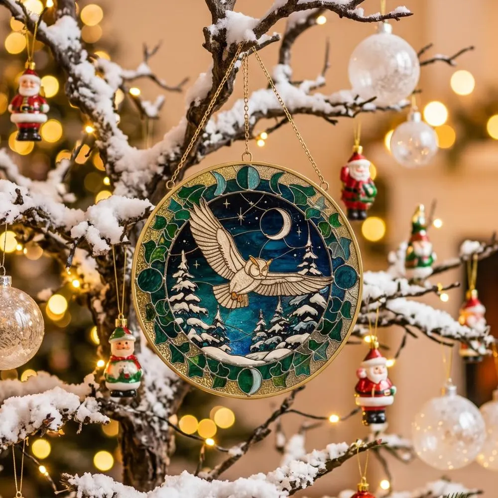 Snowy Owl Stained Glass Suncatcher, Winter Forest & Moon Phases Window Hanging, Celestial Bird Art, Christmas Gift for Owl Lovers YB1603 - Media 2