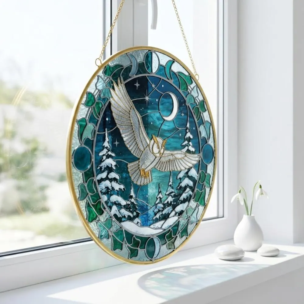 Snowy Owl Stained Glass Suncatcher, Winter Forest & Moon Phases Window Hanging, Celestial Bird Art, Christmas Gift for Owl Lovers YB1603 - Media 3