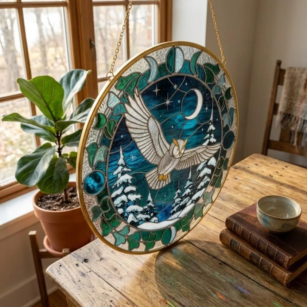Snowy Owl Stained Glass Suncatcher, Winter Forest & Moon Phases Window Hanging, Celestial Bird Art, Christmas Gift for Owl Lovers YB1603 - Media 5