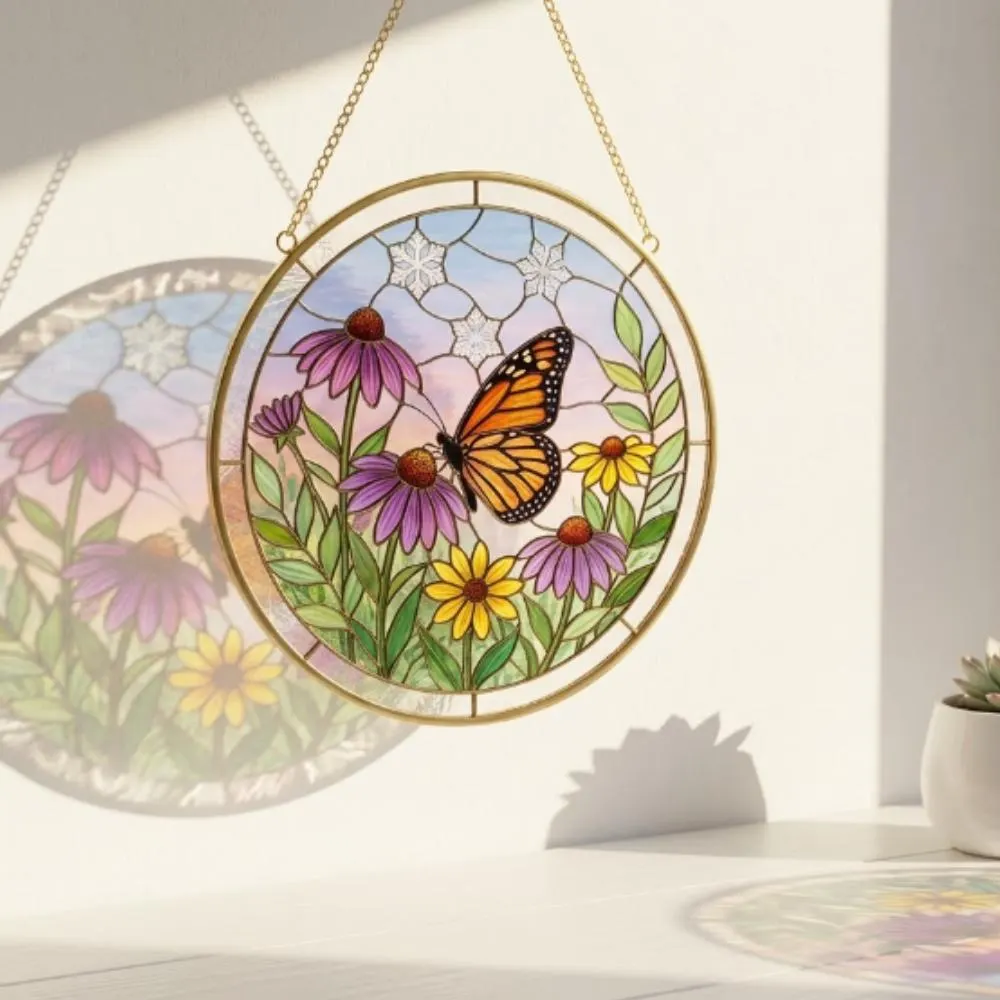 Monarch Butterfly Stained Glass Suncatcher, Coneflower Window Hanging Art, Nature Inspired Home Decor, Butterfly Ornament YB1603