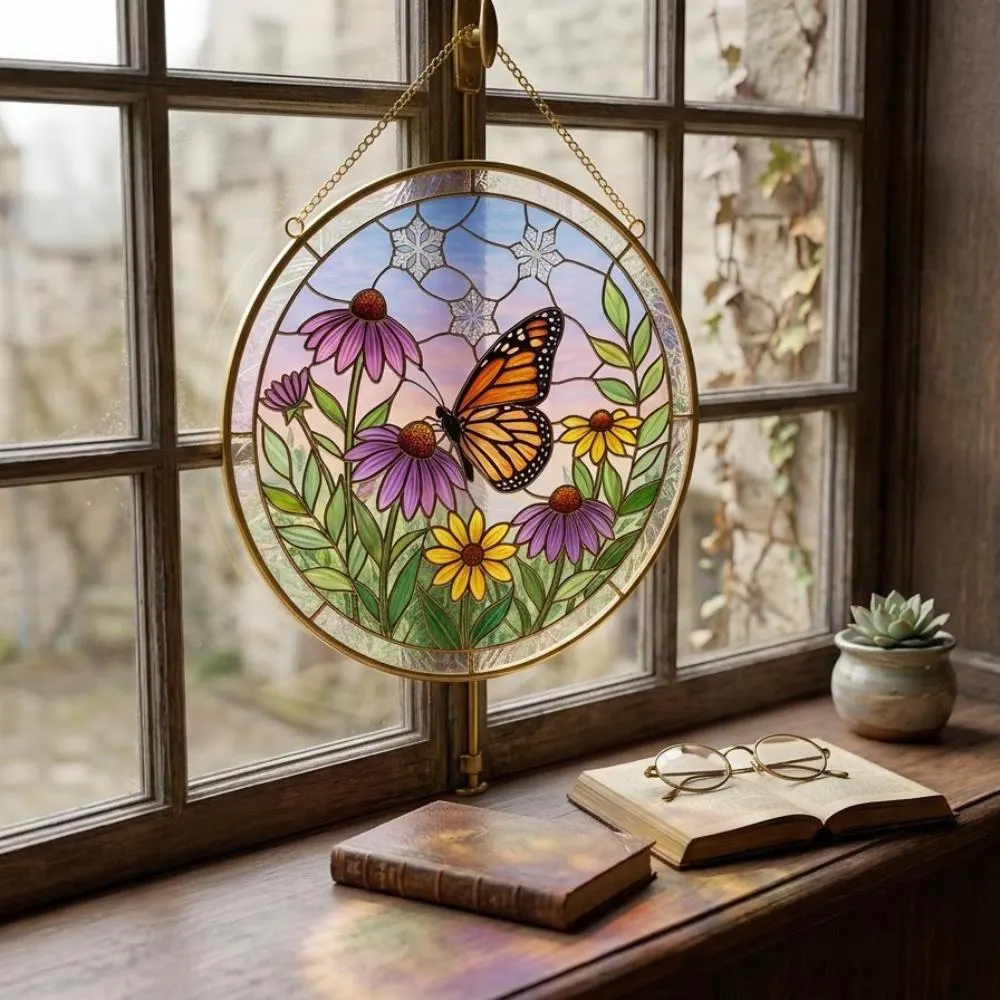 Monarch Butterfly Stained Glass Suncatcher, Coneflower Window Hanging Art, Nature Inspired Home Decor, Butterfly Ornament YB1603 - Media 2