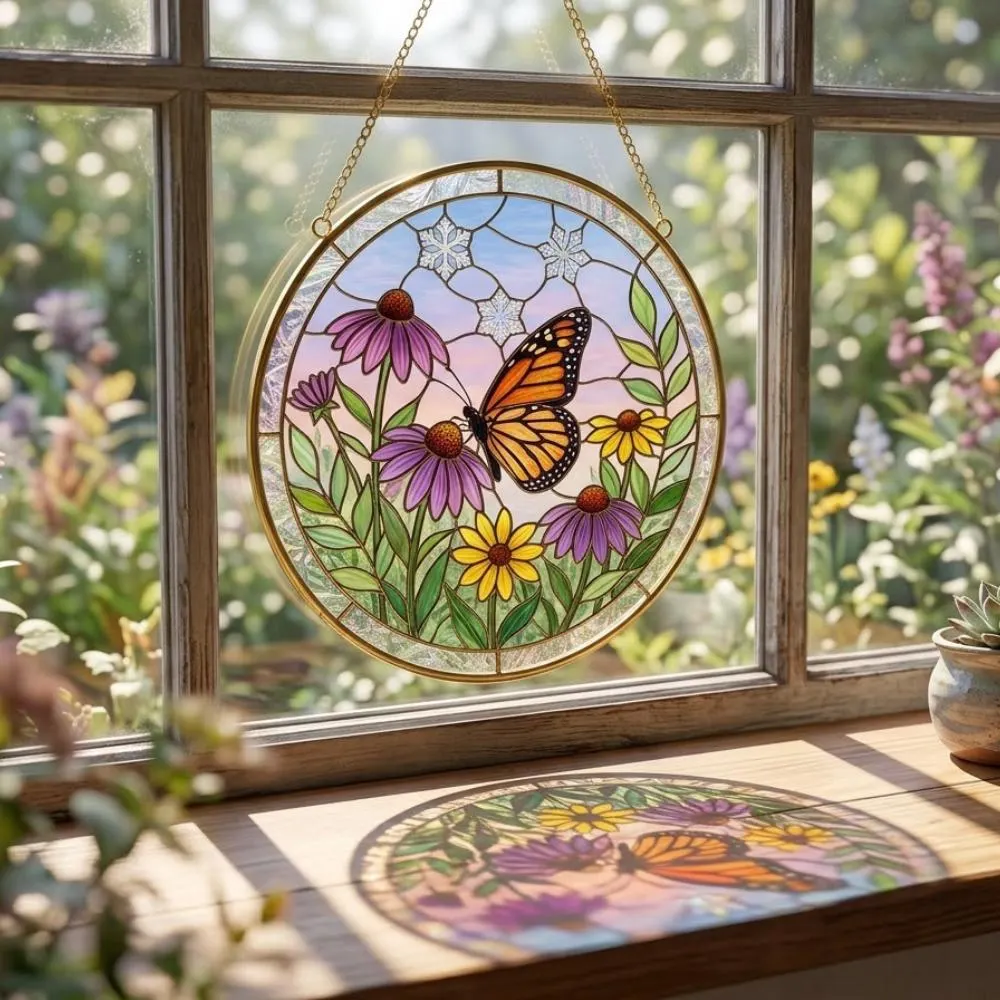 Monarch Butterfly Stained Glass Suncatcher, Coneflower Window Hanging Art, Nature Inspired Home Decor, Butterfly Ornament YB1603 - Media 3