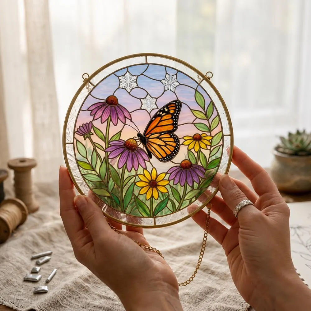 Monarch Butterfly Stained Glass Suncatcher, Coneflower Window Hanging Art, Nature Inspired Home Decor, Butterfly Ornament YB1603 - Media 4
