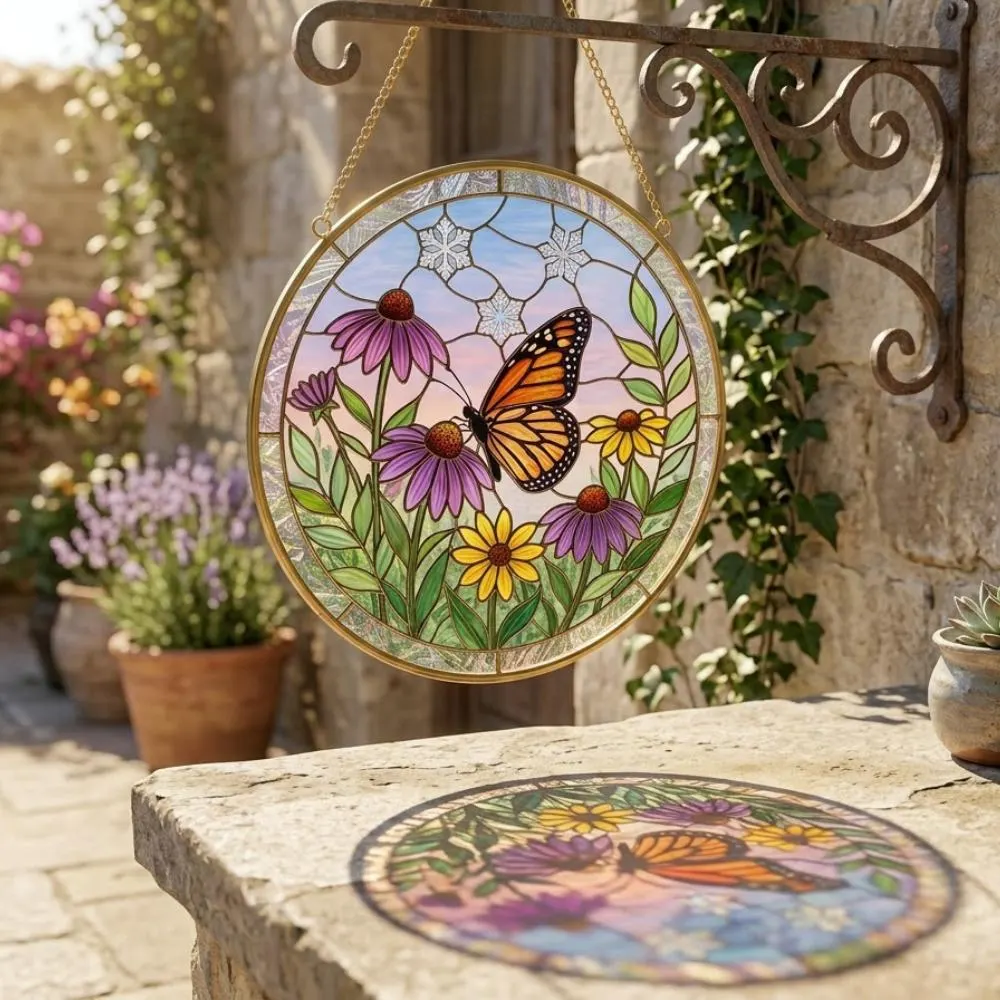 Monarch Butterfly Stained Glass Suncatcher, Coneflower Window Hanging Art, Nature Inspired Home Decor, Butterfly Ornament YB1603 - Media 5