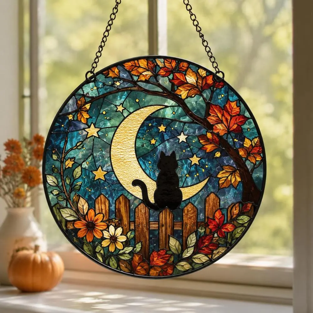 Black Cat Autumn Suncatcher - Fall Leaves and Crescent Moon Window Hanging, Celestial Cat Lover Gift, Halloween Home Decor YB1603