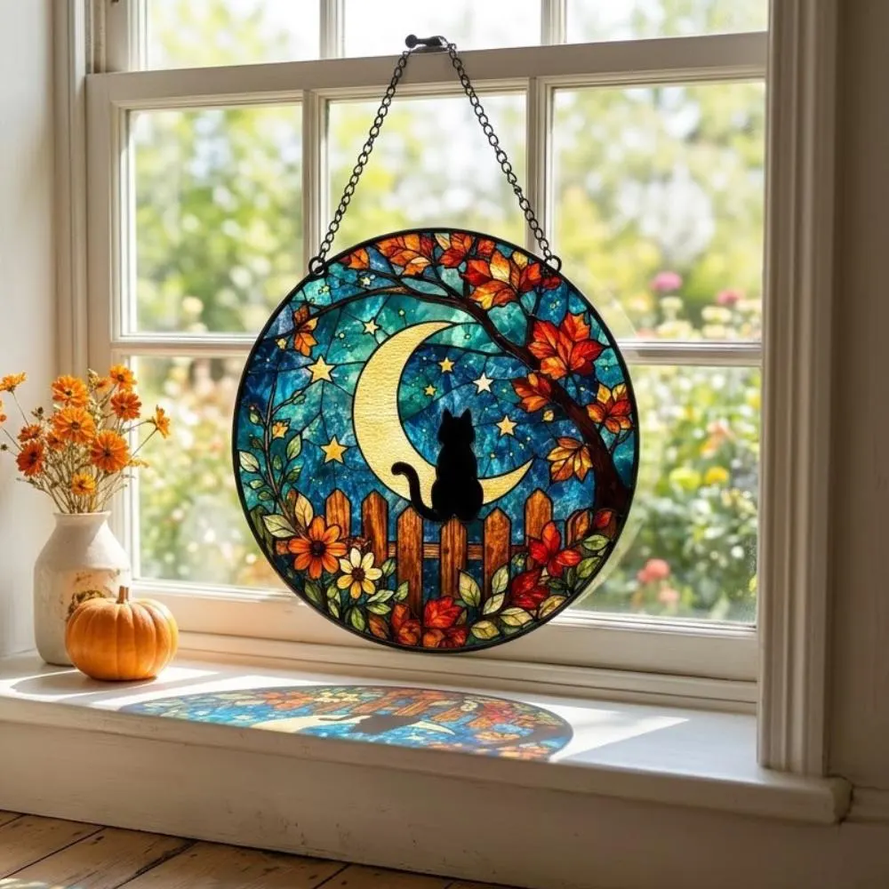 Black Cat Autumn Suncatcher - Fall Leaves and Crescent Moon Window Hanging, Celestial Cat Lover Gift, Halloween Home Decor YB1603 - Media 2