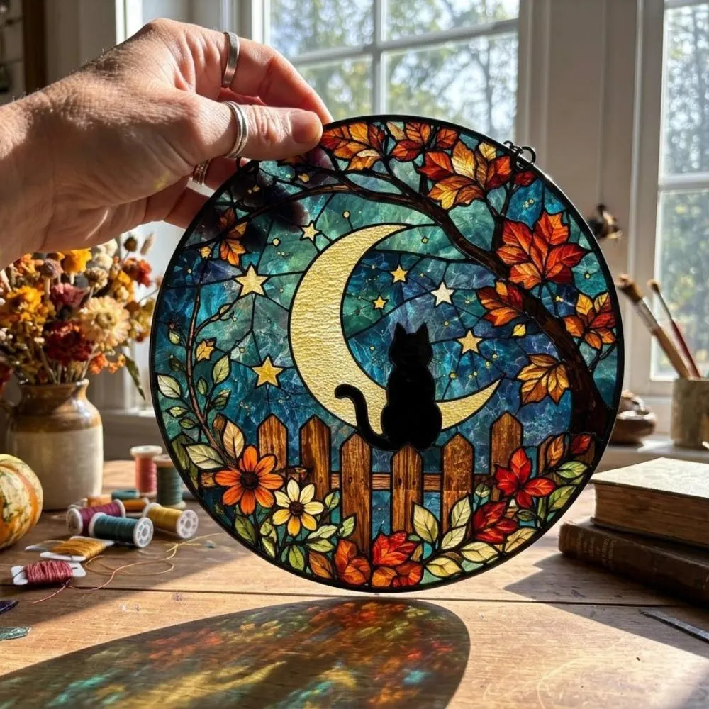 Black Cat Autumn Suncatcher - Fall Leaves and Crescent Moon Window Hanging, Celestial Cat Lover Gift, Halloween Home Decor YB1603 - Media 3