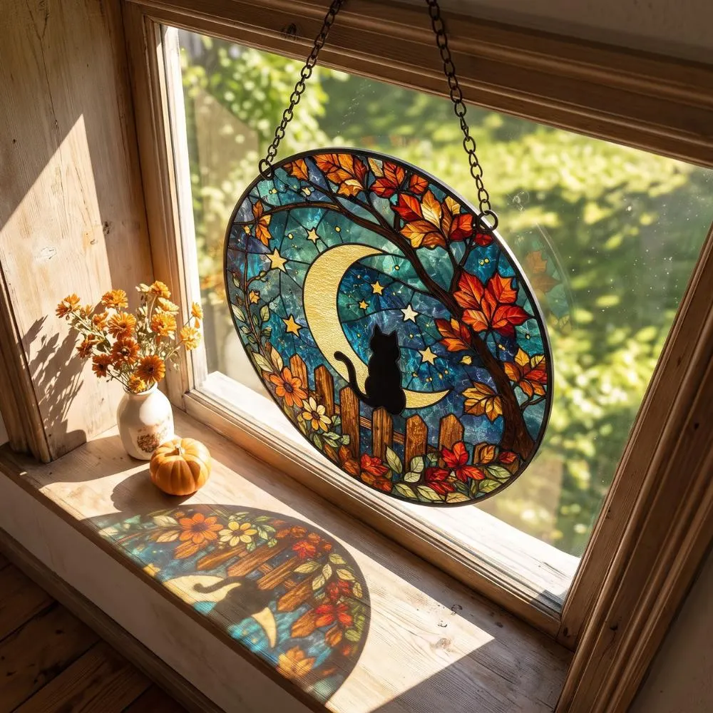 Black Cat Autumn Suncatcher - Fall Leaves and Crescent Moon Window Hanging, Celestial Cat Lover Gift, Halloween Home Decor YB1603 - Media 4
