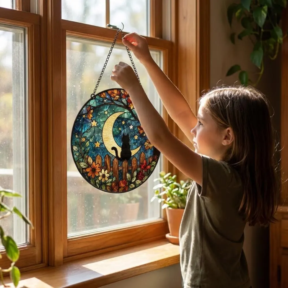 Black Cat Autumn Suncatcher - Fall Leaves and Crescent Moon Window Hanging, Celestial Cat Lover Gift, Halloween Home Decor YB1603 - Media 5