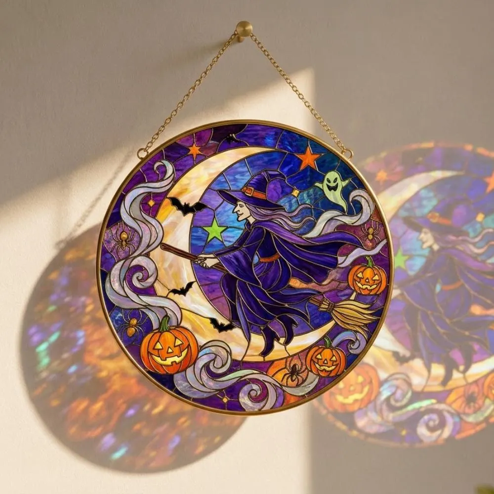Halloween Witch Stained Glass Suncatcher, Purple Witch on Broom Window Hanging, Crescent Moon Decor, Spooky Whimsigoth Gift YB1603