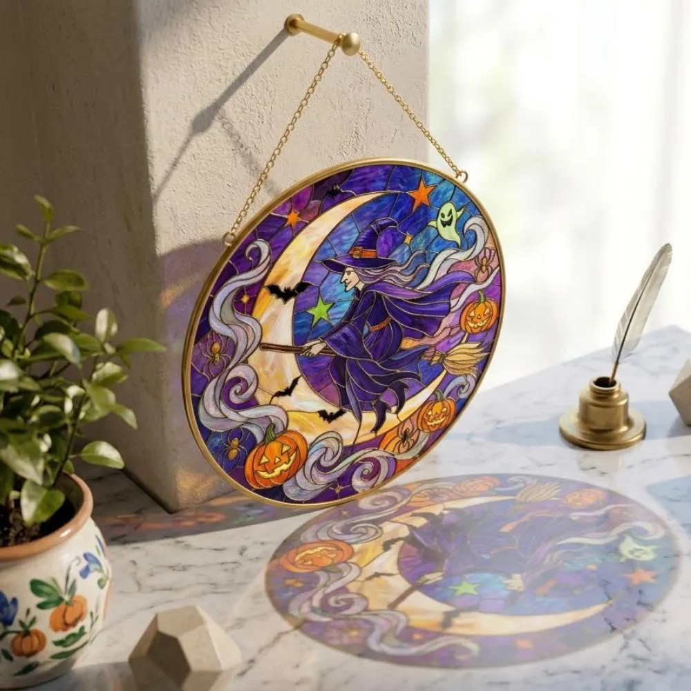 Halloween Witch Stained Glass Suncatcher, Purple Witch on Broom Window Hanging, Crescent Moon Decor, Spooky Whimsigoth Gift YB1603 - Media 2