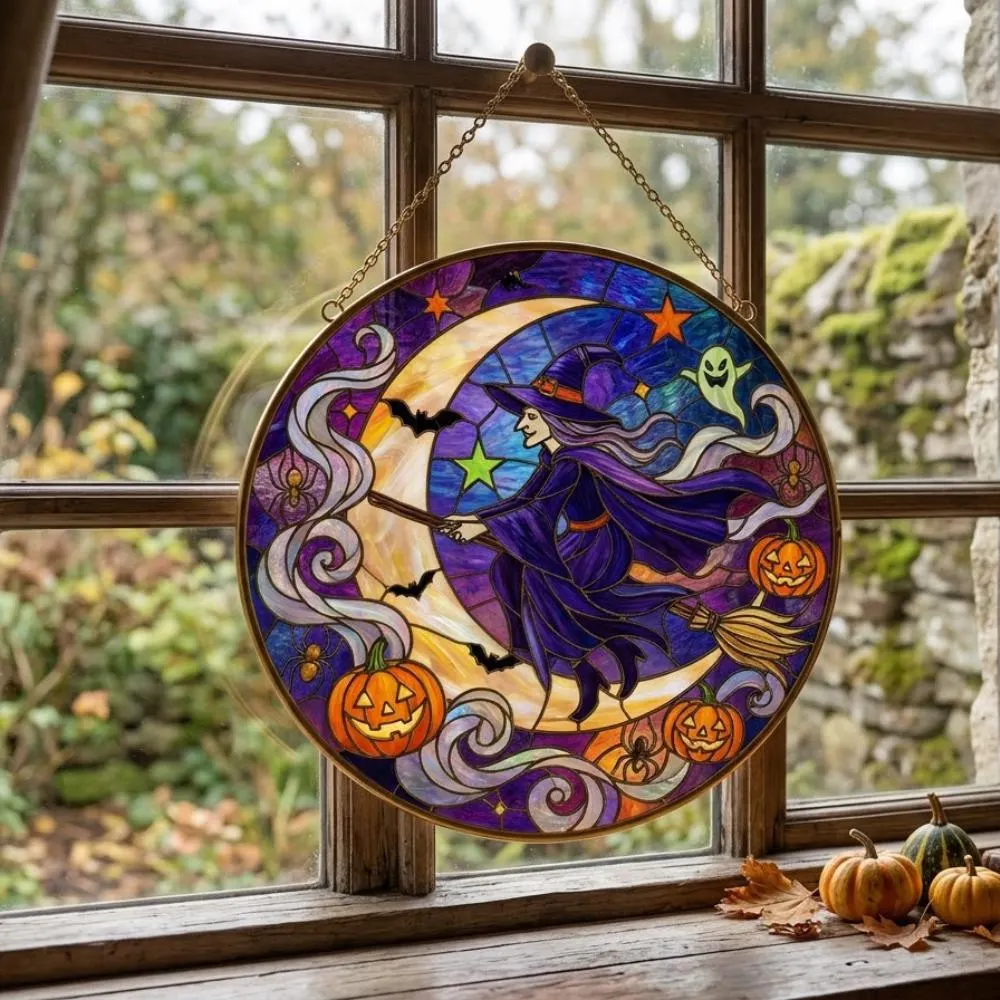 Halloween Witch Stained Glass Suncatcher, Purple Witch on Broom Window Hanging, Crescent Moon Decor, Spooky Whimsigoth Gift YB1603 - Media 3