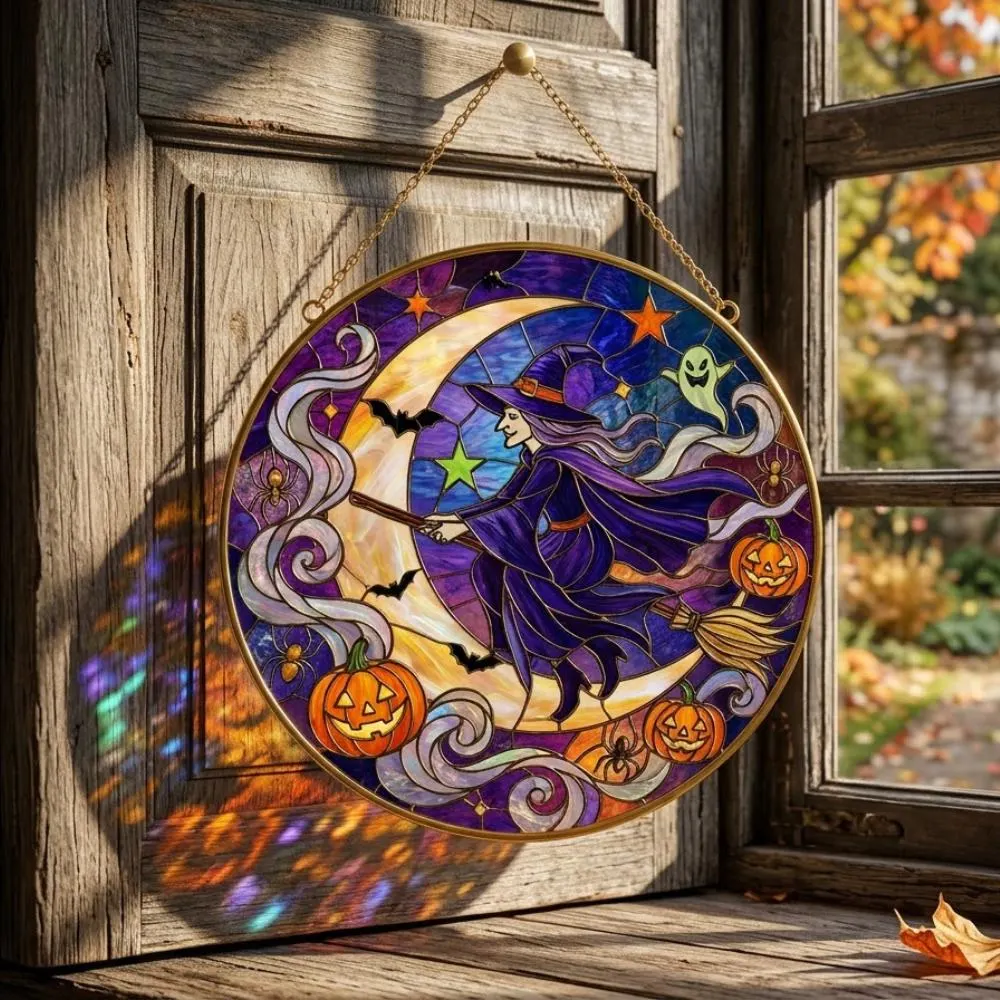 Halloween Witch Stained Glass Suncatcher, Purple Witch on Broom Window Hanging, Crescent Moon Decor, Spooky Whimsigoth Gift YB1603 - Media 5