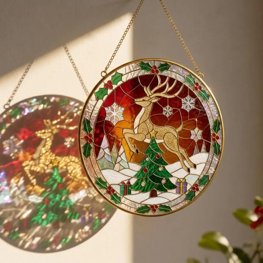Golden Reindeer Stained Glass Suncatcher, Christmas Tree Window Hanging, Winter Wonderland Holiday Decor, Festive Iridescent Gift YB1603