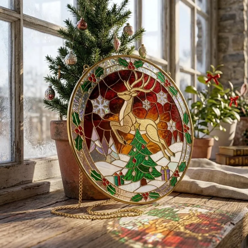 Golden Reindeer Stained Glass Suncatcher, Christmas Tree Window Hanging, Winter Wonderland Holiday Decor, Festive Iridescent Gift YB1603 - Media 2