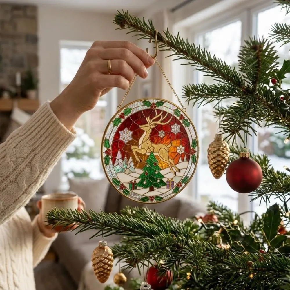 Golden Reindeer Stained Glass Suncatcher, Christmas Tree Window Hanging, Winter Wonderland Holiday Decor, Festive Iridescent Gift YB1603 - Media 3