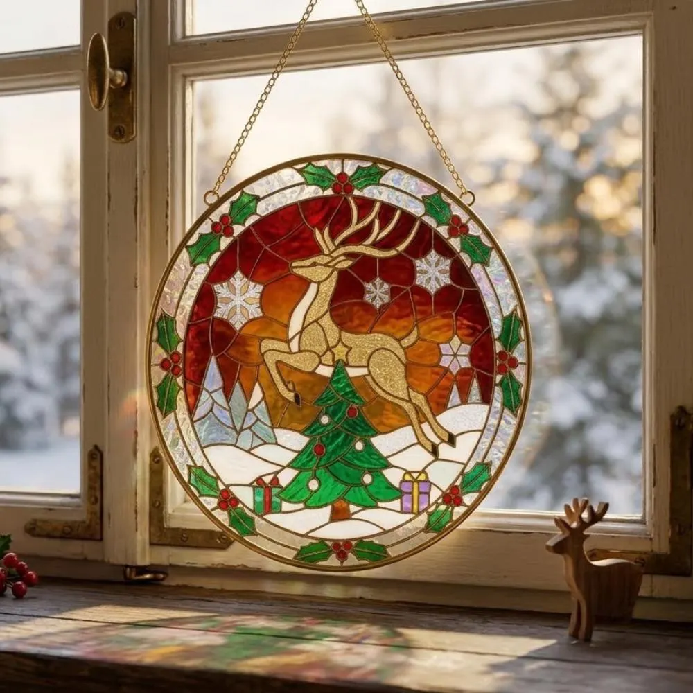 Golden Reindeer Stained Glass Suncatcher, Christmas Tree Window Hanging, Winter Wonderland Holiday Decor, Festive Iridescent Gift YB1603 - Media 4