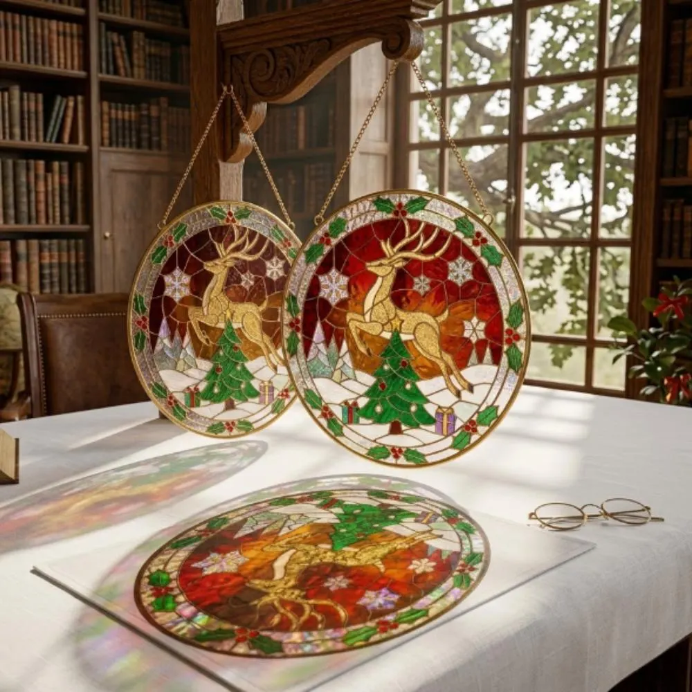 Golden Reindeer Stained Glass Suncatcher, Christmas Tree Window Hanging, Winter Wonderland Holiday Decor, Festive Iridescent Gift YB1603 - Media 5