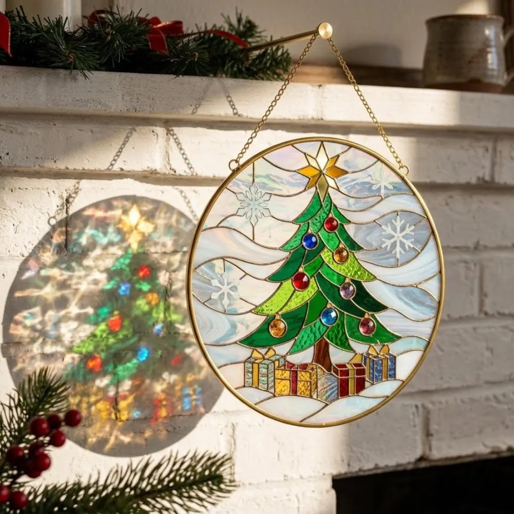 Christmas Tree Stained Glass Suncatcher, Iridescent Holiday Window Hanging, Festive Winter Decor with Star, Unique Christmas Gift YB1603