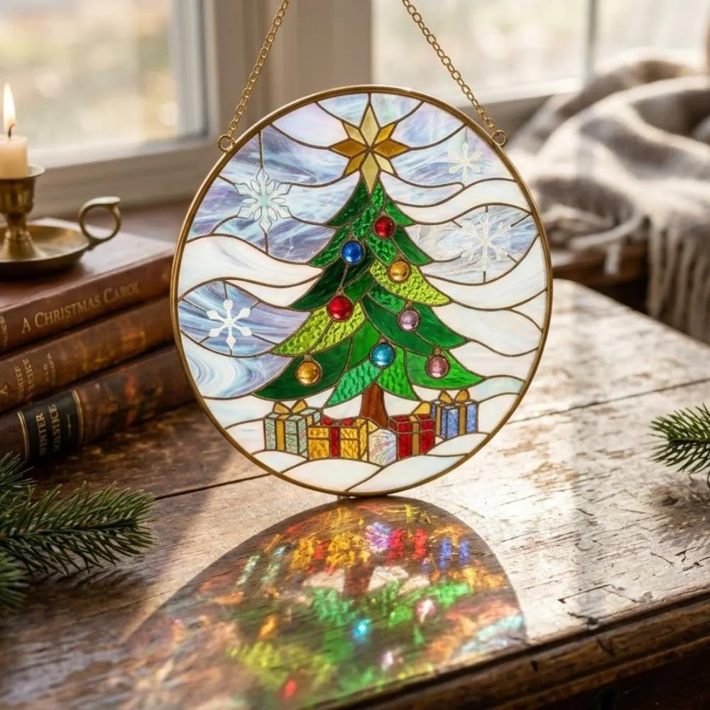 Christmas Tree Stained Glass Suncatcher, Iridescent Holiday Window Hanging, Festive Winter Decor with Star, Unique Christmas Gift YB1603 - Media 2