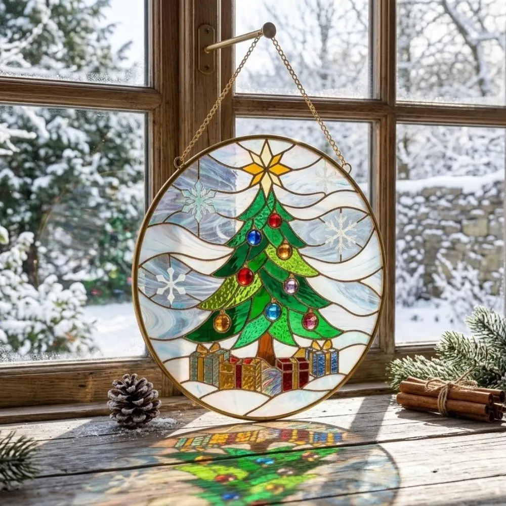 Christmas Tree Stained Glass Suncatcher, Iridescent Holiday Window Hanging, Festive Winter Decor with Star, Unique Christmas Gift YB1603 - Media 3