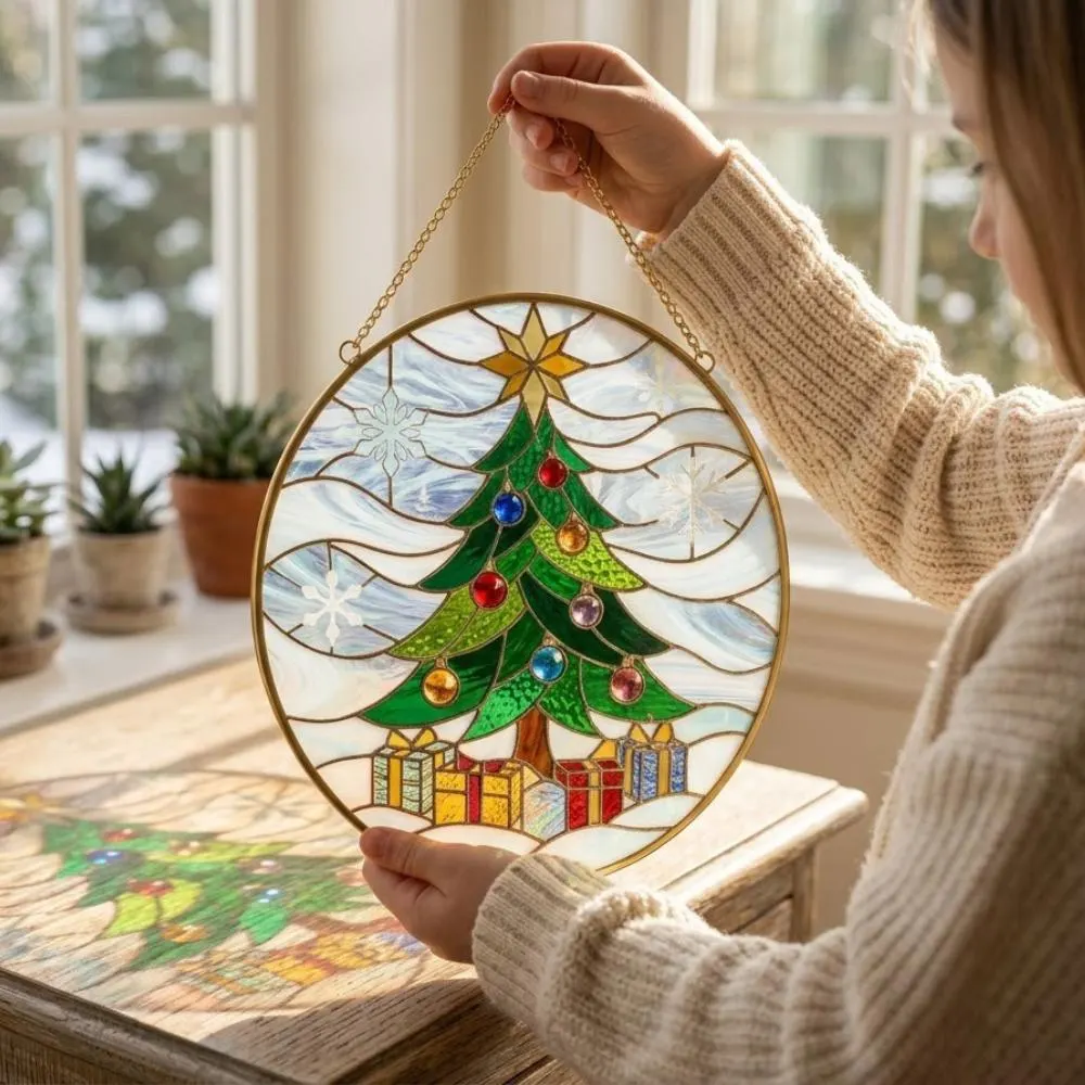 Christmas Tree Stained Glass Suncatcher, Iridescent Holiday Window Hanging, Festive Winter Decor with Star, Unique Christmas Gift YB1603 - Media 4