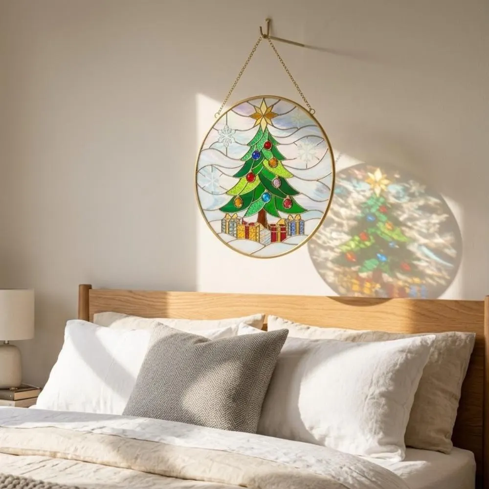 Christmas Tree Stained Glass Suncatcher, Iridescent Holiday Window Hanging, Festive Winter Decor with Star, Unique Christmas Gift YB1603 - Media 5