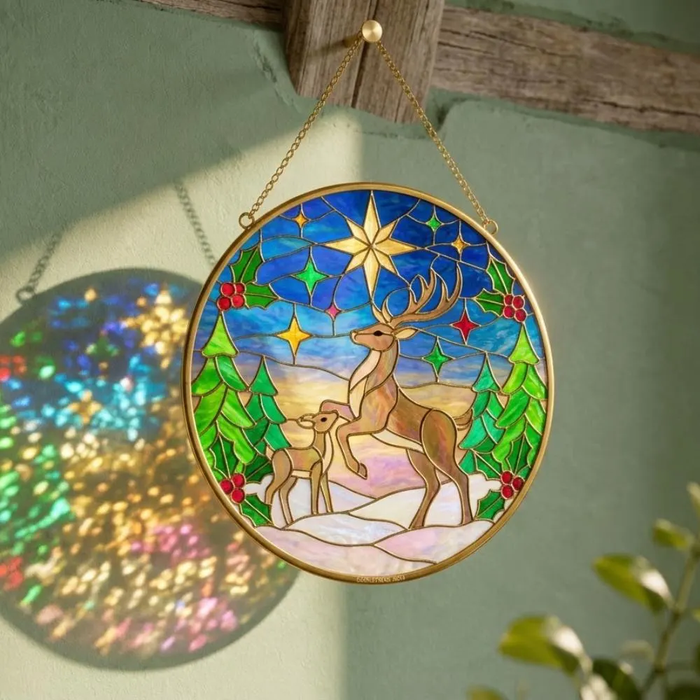 Christmas Reindeer Stained Glass Suncatcher, Winter Forest Window Hanging Art, Starlit Deer Family Decor, Holiday Gift YB1603