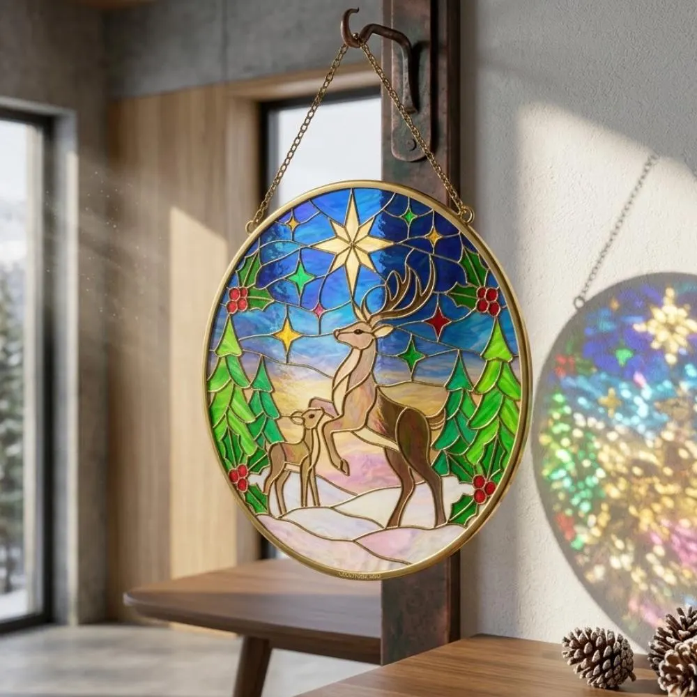 Christmas Reindeer Stained Glass Suncatcher, Winter Forest Window Hanging Art, Starlit Deer Family Decor, Holiday Gift YB1603 - Media 2